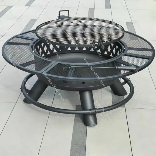 Outdoor Fire Pit & Grill Table with Charcoal Rack | Patio Campfire Set