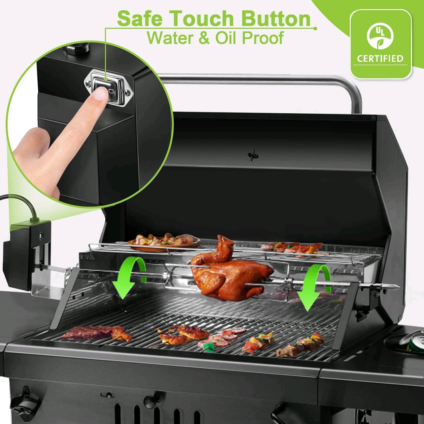 Rotisserie Grill Kit Automatic Rotating Motor 4W 2.5rpm/min 15kg Load Bearing Stainless-Steel Heavy-Duty Rotisserie Kit