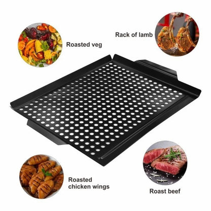 Non-Stick Cast Iron Grill Pan with Drain Holes | Square BBQ Basket Tray