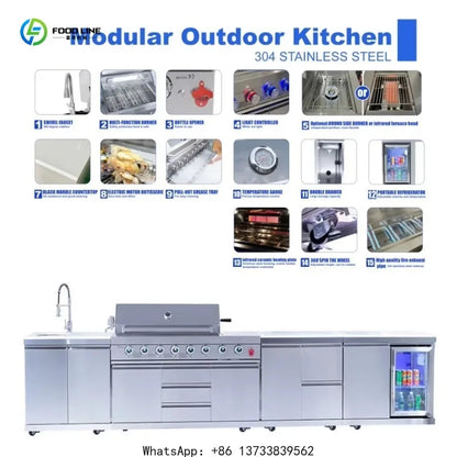 Customized Modern Luxury Outdoor Grill Stainless Steel Construction 8 Burner Infrared Gas Grill With Refrigerator Cabinet