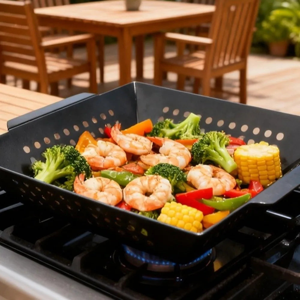 Non-Stick Cast Iron Grill Pan with Drain Holes | Square BBQ Basket Tray