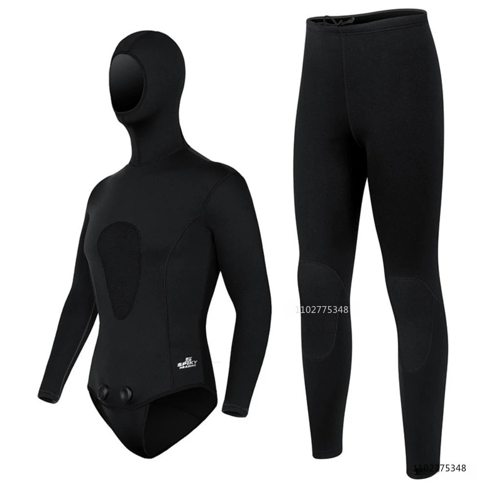 Men Spearfishing Wetsuit 3mm Neoprene Pant Top Wetsuit Hooded Super Stretch Hunting Snorkel Scuba Cool Water Surfing Floatsuit