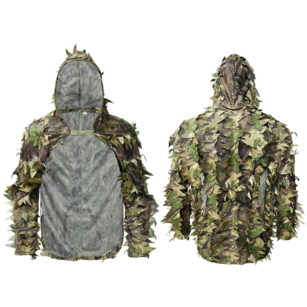 Tactical Ghillie Suit Breathable Cloak With Hat Hunting 3D Leafy Sniper Coat for Outdoor Airsoft Paintball Wargame Hunting CS