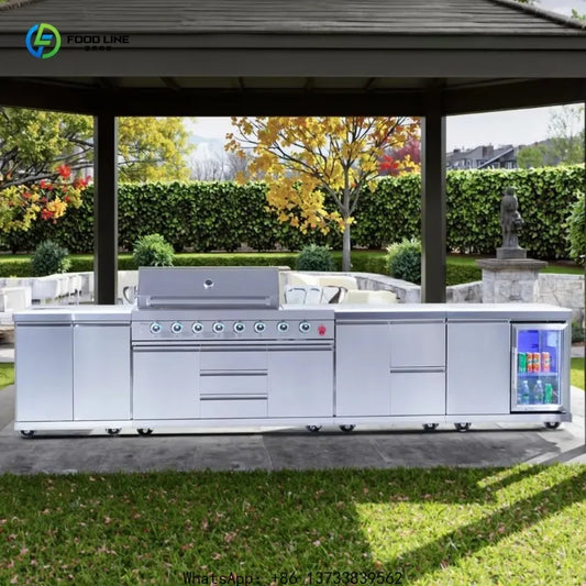 Customized Modern Luxury Outdoor Grill Stainless Steel Construction 8 Burner Infrared Gas Grill With Refrigerator Cabinet