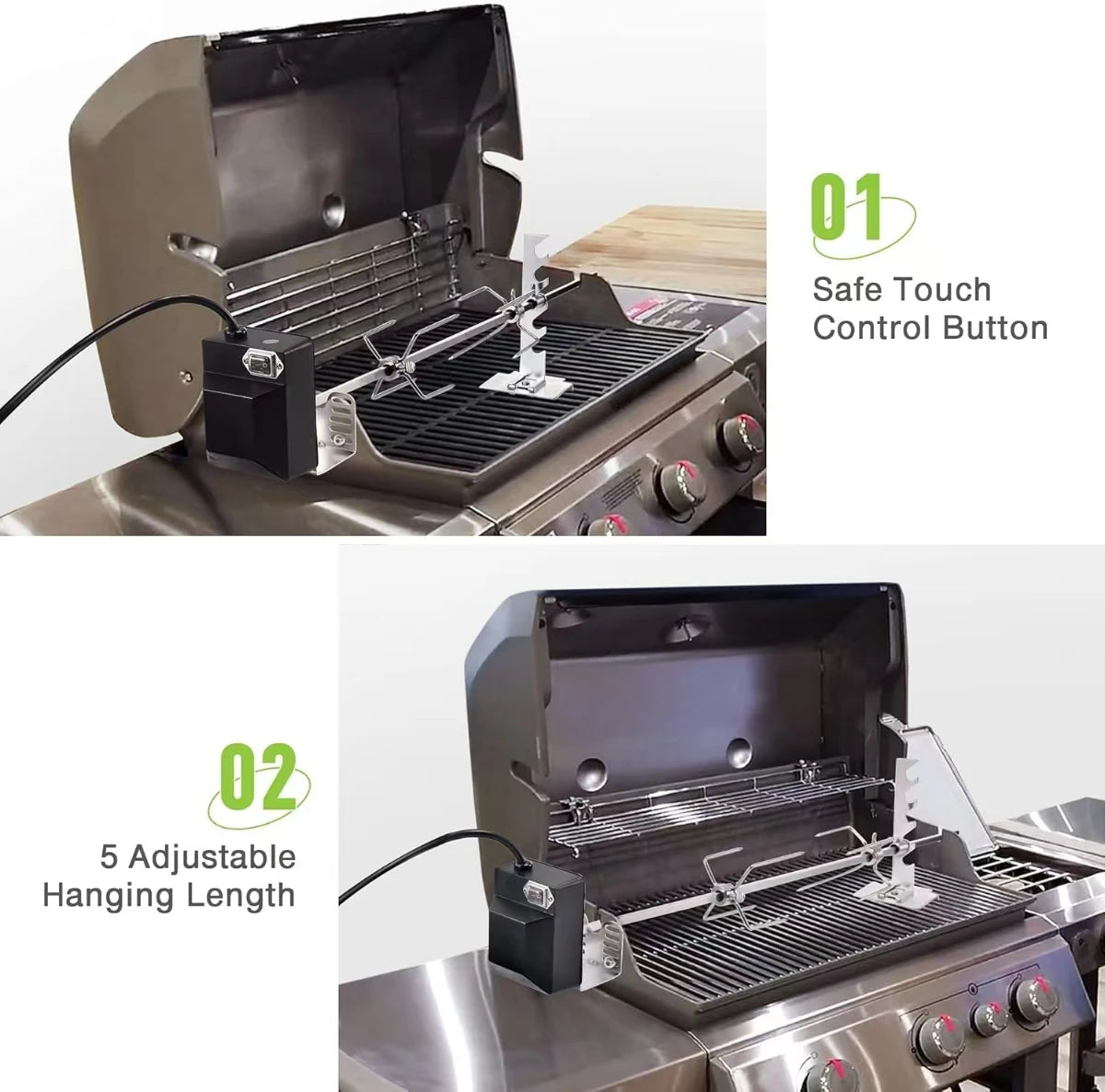 Rotisserie Grill Kit Automatic Rotating Motor 4W 2.5rpm/min 15kg Load Bearing Stainless-Steel Heavy-Duty Rotisserie Kit
