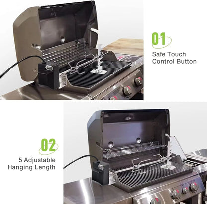 Rotisserie Grill Kit Automatic Rotating Motor 4W 2.5rpm/min 15kg Load Bearing Stainless-Steel Heavy-Duty Rotisserie Kit