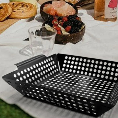 Non-Stick Cast Iron Grill Pan with Drain Holes | Square BBQ Basket Tray