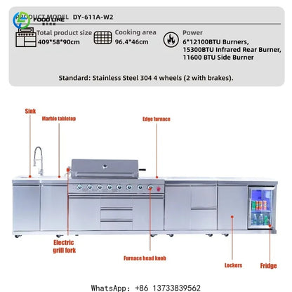 Customized Modern Luxury Outdoor Grill Stainless Steel Construction 8 Burner Infrared Gas Grill With Refrigerator Cabinet