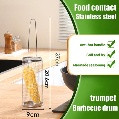 Stainless Steel Barbecue Cages Grill Basket Camping Cookware Outdoor Portable Round BBQ Campfire Grid Rolling Grill Basket