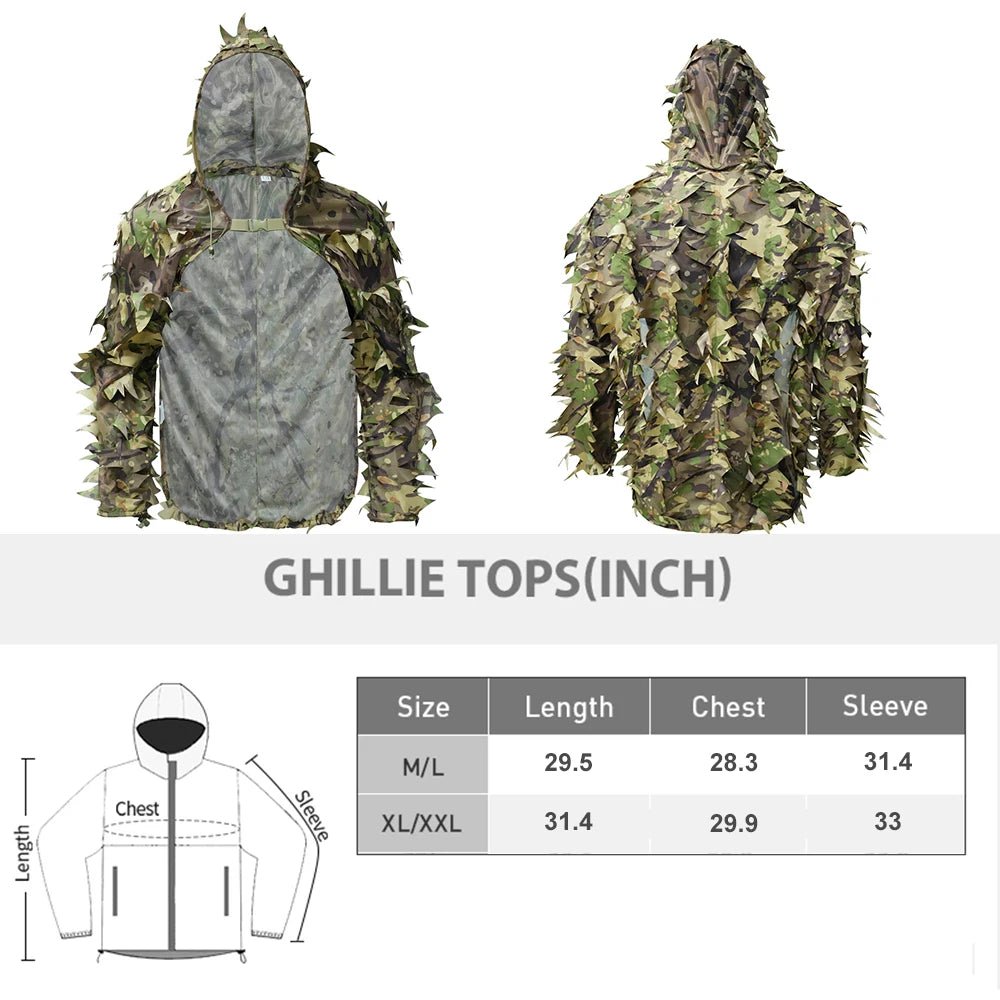 Tactical Ghillie Suit Breathable Cloak With Hat Hunting 3D Leafy Sniper Coat for Outdoor Airsoft Paintball Wargame Hunting CS