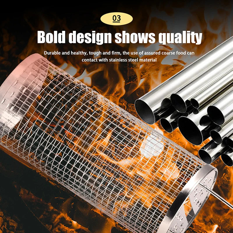 Stainless Steel Barbecue Cages Grill Basket Camping Cookware Outdoor Portable Round BBQ Campfire Grid Rolling Grill Basket