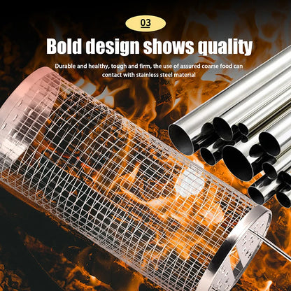 Stainless Steel Barbecue Cages Grill Basket Camping Cookware Outdoor Portable Round BBQ Campfire Grid Rolling Grill Basket