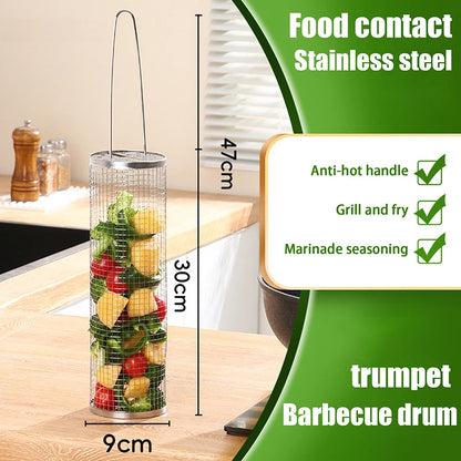 Stainless Steel Barbecue Cages Grill Basket Camping Cookware Outdoor Portable Round BBQ Campfire Grid Rolling Grill Basket