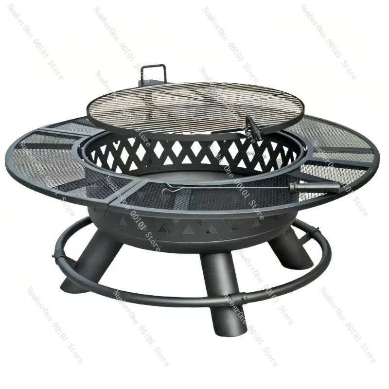 Outdoor Fire Pit & Grill Table with Charcoal Rack | Patio Campfire Set
