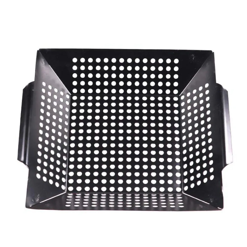 Non-Stick Cast Iron Grill Pan with Drain Holes | Square BBQ Basket Tray